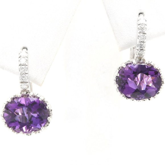 Exquisite 3.65 Carats Natural Amethyst and Diamond 14K Solid White Gold Earrings